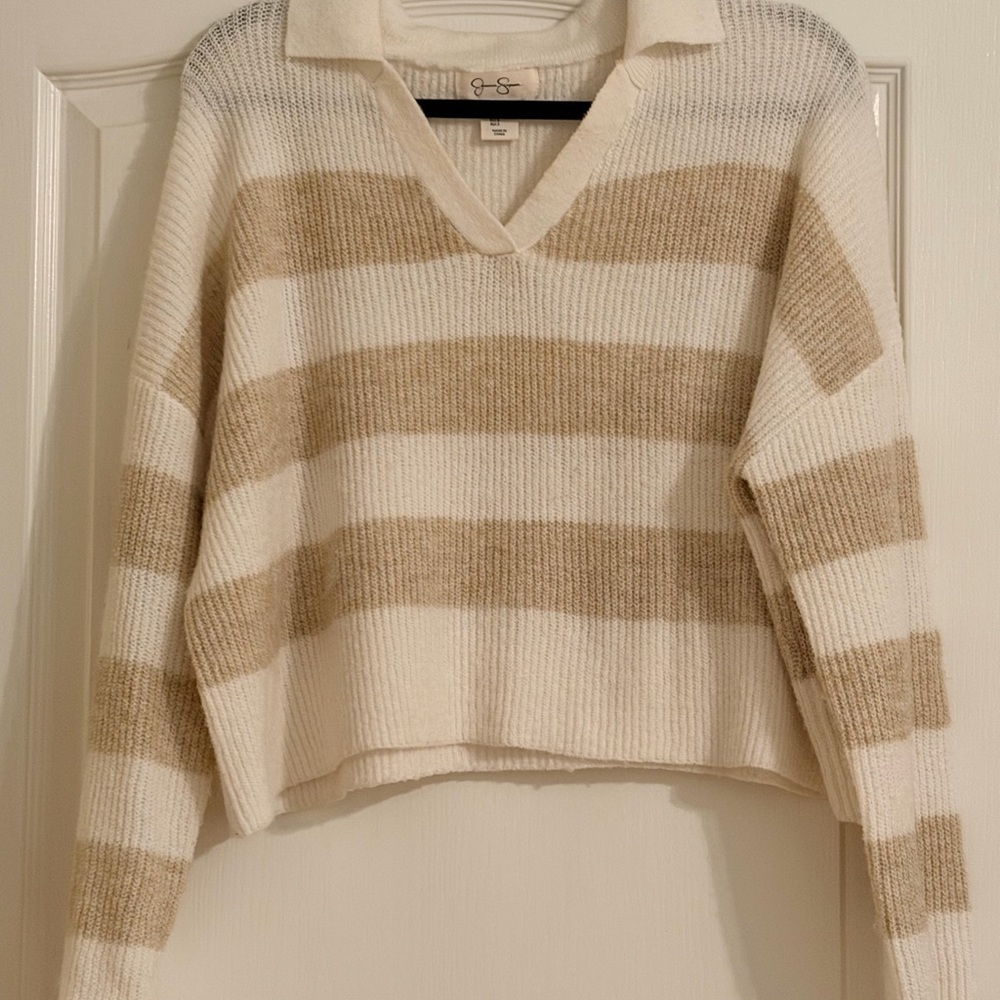Jessica Simpson Beige and White Striped V-Neck Sweater